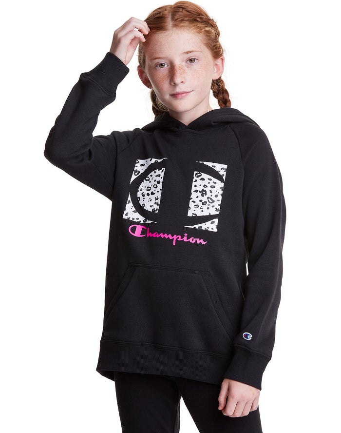 Champion Pige Hættetrøje Sort - Fleece Raglan Leopard Knockout Logo - Danmark OQZ-182706